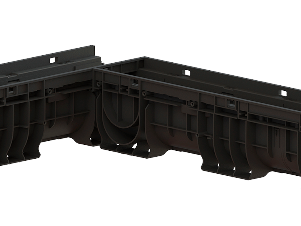 Rigolă din plastic BASE DN100 H200 cu grătare din fontă în fante clasa de sarcini C250